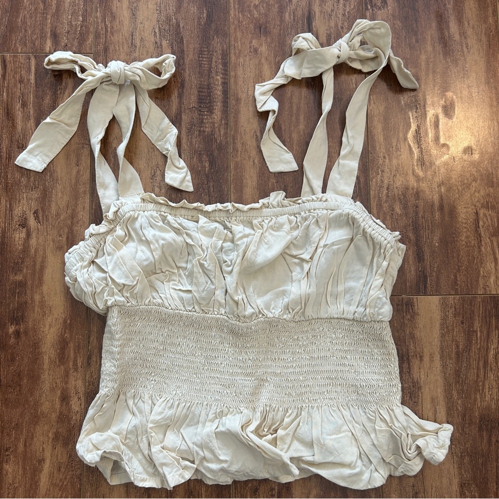 Forever 21 beige crop tank top ruffled bow tied straps stretchy coquette small